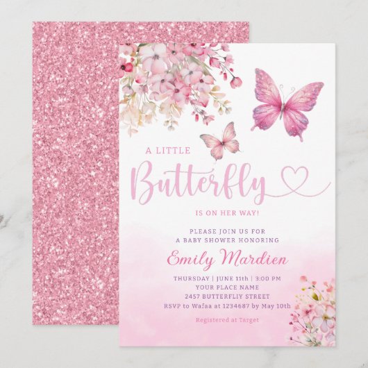 Pink Boho modern Floral Butterfly Girl Baby shower Kaart (Voorkant / Achterkant)