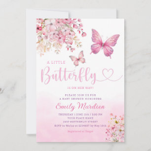 Pink Boho modern Floral Butterfly Girl Baby shower Kaart