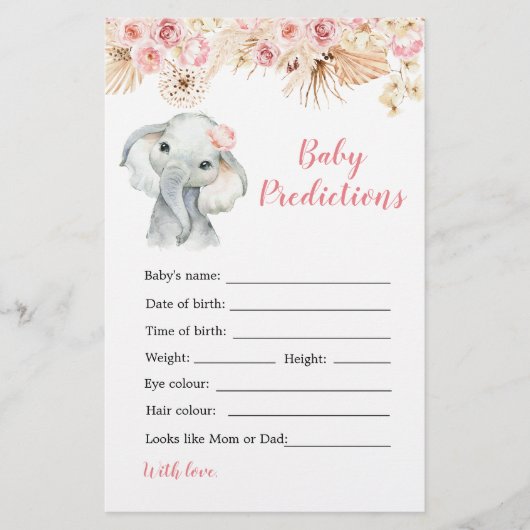 Pink Boho Olifant Meisje Baby Voorspellingsspel (Voorkant)