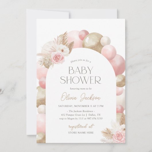 Pink Boho Pampas Grass Arch Girl Baby shower Kaart (Voorkant)