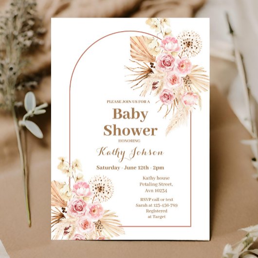 Pink Boho Pampas Grass Baby shower Uitnodiging
