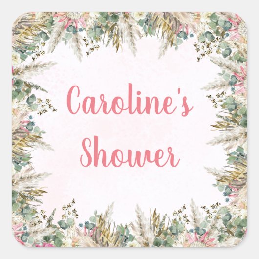 Pink Boho Pampas Grass Favor Stickers | Bridal (Voorkant)