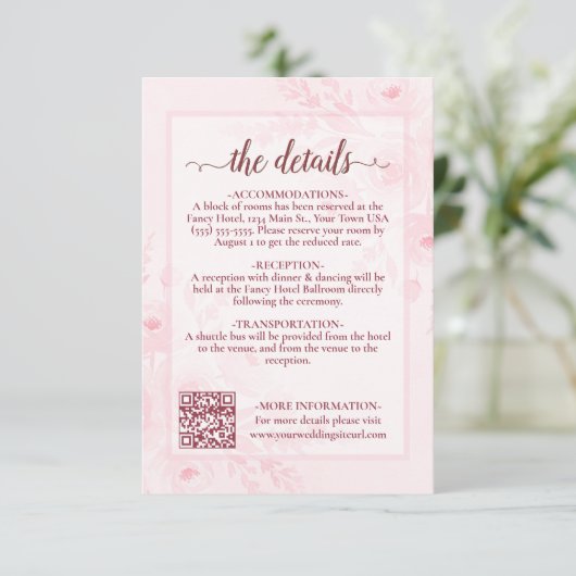 Pink Boho Peonies Wedding Details QR Code Informatiekaartje (Staand voorkant)