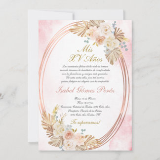 Pink boho Quinceanera invitation in Spanish Kaart