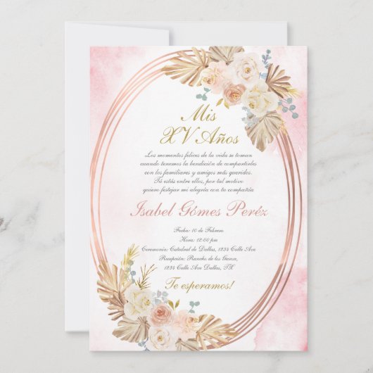 Pink boho Quinceanera invitation in Spanish Kaart (Voorkant)
