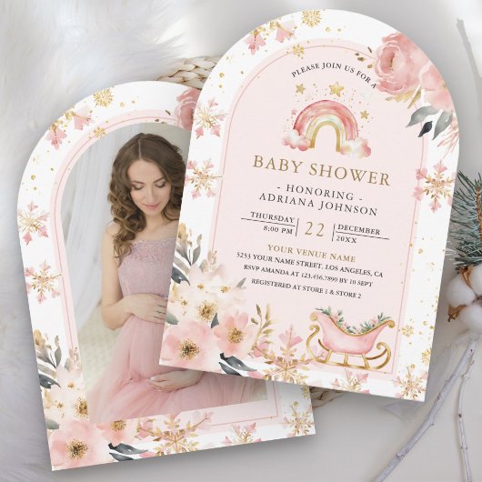 Pink Boho Rainbow Winter Foto Baby shower Kaart