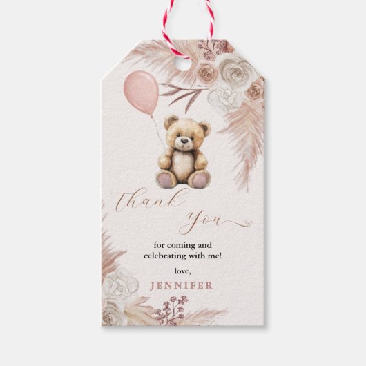 Pink Boho Teddy Bear Baby shower Bedankt Cadeaulabel (Voorkant)