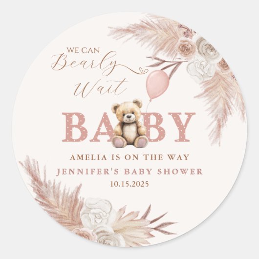 Pink Boho Teddy Bear Baby shower Girl Baby Ronde Sticker (Voorkant)