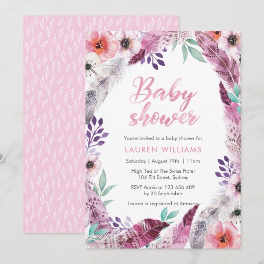 Pink Boho veer Baby shower uitnodiging (Voorkant / Achterkant)
