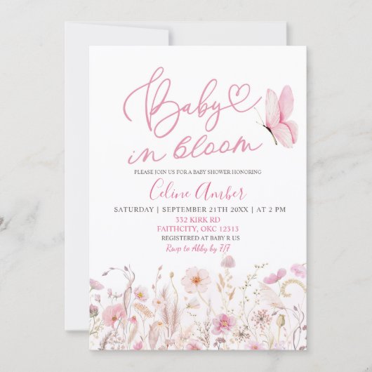 Pink Boho Wildflower Baby in Bloom Baby Shower Kaart (Voorkant)
