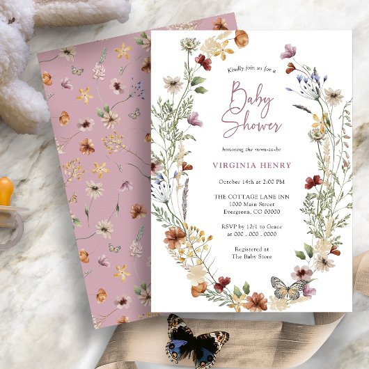 Pink Boho Wildflower Baby shower Uitnodiging