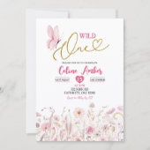 Pink Boho Wildflower Butterfly First Birthday Kaart (Voorkant)