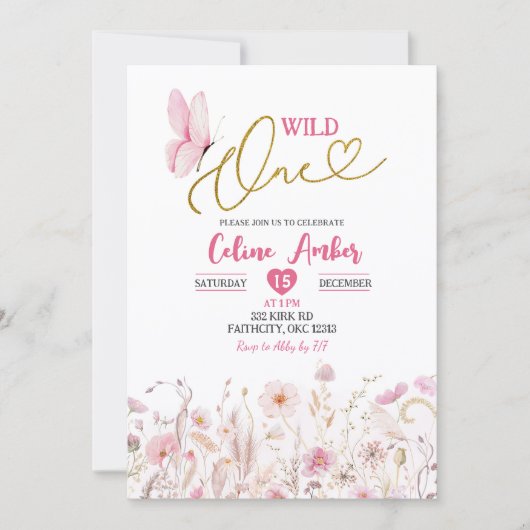 Pink Boho Wildflower Butterfly First Birthday Kaart (Voorkant)