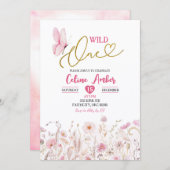 Pink Boho Wildflower Butterfly First Birthday Kaart (Voorkant / Achterkant)
