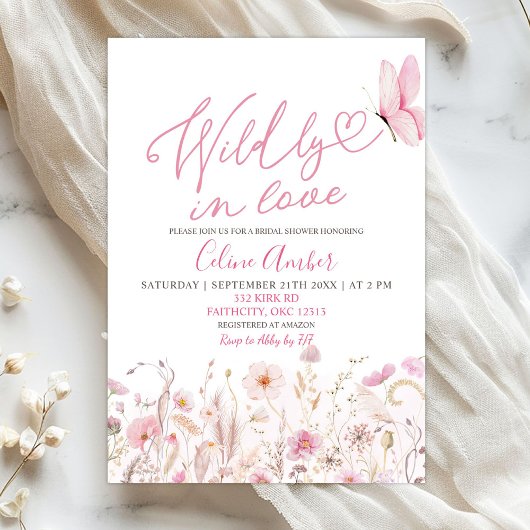 Pink Boho Wildflower Wildly in Love Bridal Shower Kaart