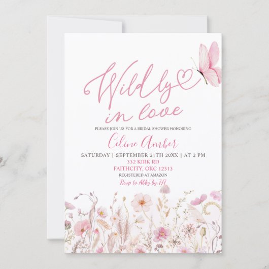 Pink Boho Wildflower Wildly in Love Bridal Shower Kaart (Voorkant)