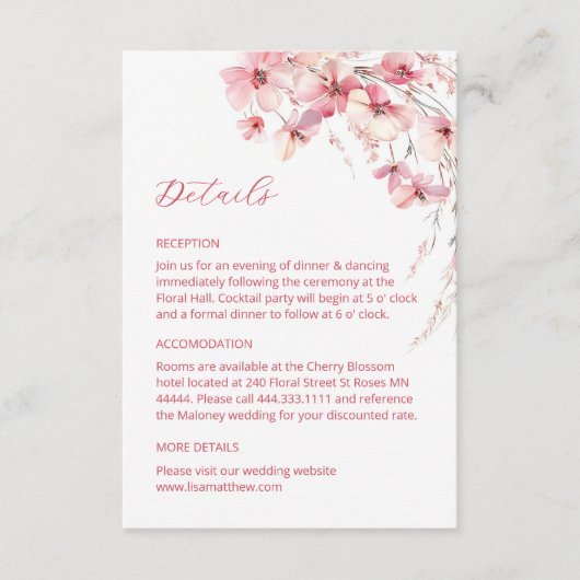 Pink Boho Wildflowers Details Enclosure Card Informatiekaartje (Voorkant)