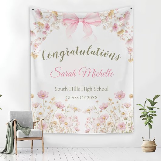 Pink Boho Wildflowers Graduation Party Wandkleed