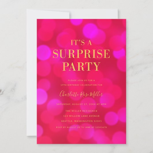 Pink Bokeh Gold Het is een verrassingsfeestje Verj Kaart (Voorkant)