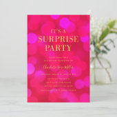 Pink Bokeh Gold Het is een verrassingsfeestje Verj Kaart (Staand voorkant)