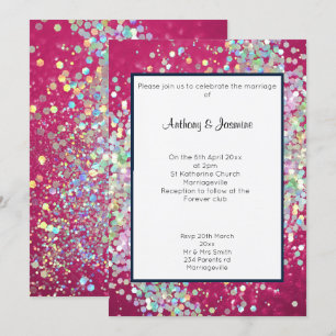 PINK BOKEH NAVY TRIM HOLOGRAPHIC PASTEL WEDING KAART