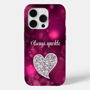 Pink Bokeh Silver Glitter Heart iPhone 15 Pro Case