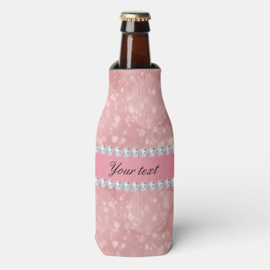 Pink Bokeh Sparkles en Diamonds gepersonaliseerd Flesjeskoeler (Fles Voorkant)