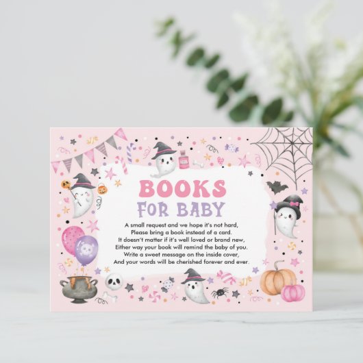 Pink Boo Halloween Geesten Boeken voor Baby Meisje Informatiekaartje (Staand voorkant)