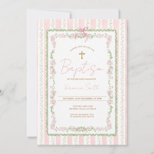 Pink Botanical Baptism Girl Christening Invitation Kaart (Voorkant)