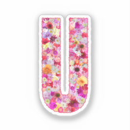 Pink Botanical Monogram Floral Letter U Initial Sticker