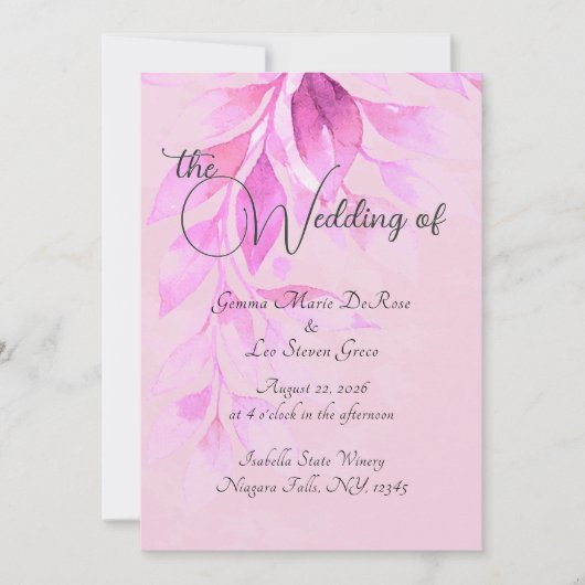 Pink Botanical Wedding Invitation Kaart (Voorkant)