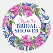 Pink Bougainvillea Blue Tile Bridal Shower Ronde Sticker (Voorkant)