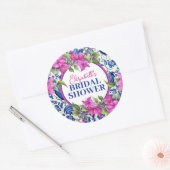 Pink Bougainvillea Blue Tile Bridal Shower Ronde Sticker (Envelop)