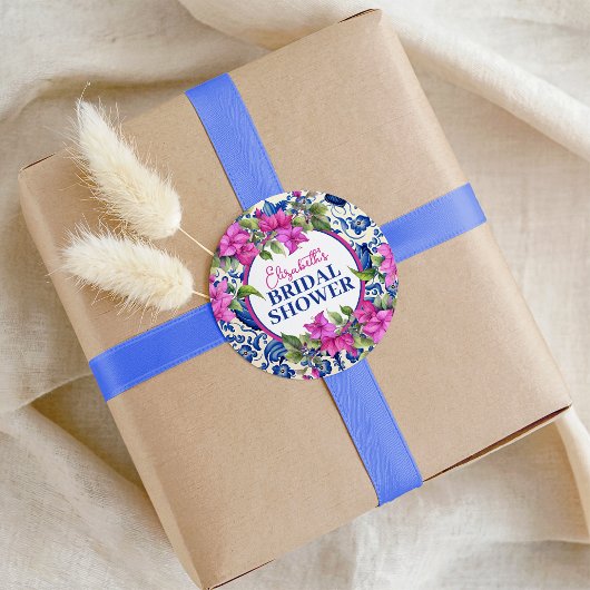 Pink Bougainvillea Blue Tile Bridal Shower Ronde Sticker
