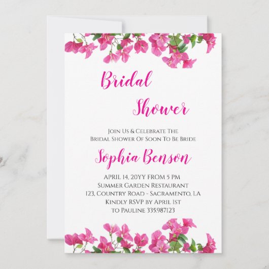 Pink Bougainvillea Floral Bridal Shower Invitation Kaart (Voorkant)