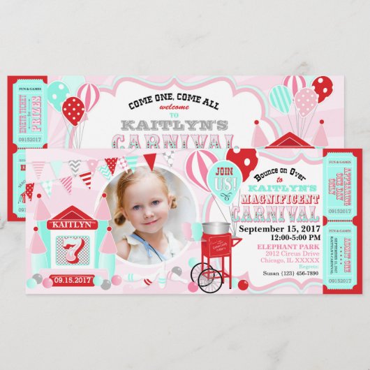 Pink Bounce House Carnaval Birthday Kaart (Voorkant / Achterkant)