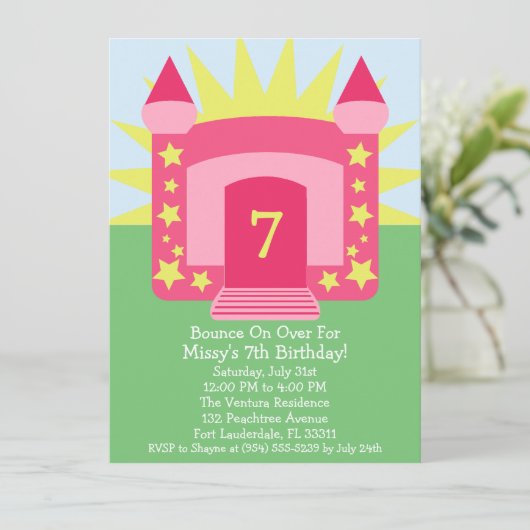 Pink Bounce on Bounce House Birthday Party Kaart (Staand voorkant)