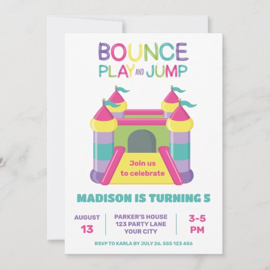 PINK BOUNCE PLAY AND JUMP INVITATION AANKONDIGING (Voorkant)