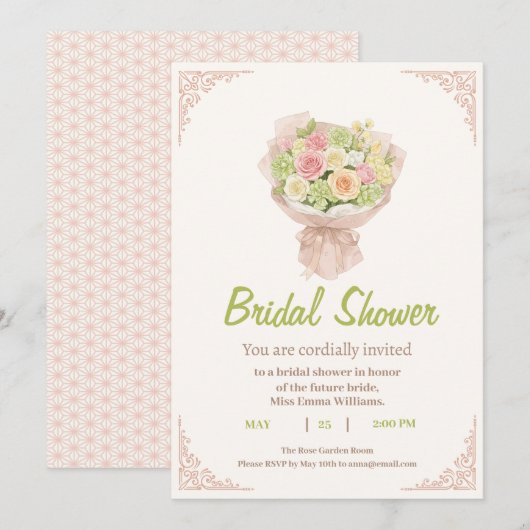 pink bouquet Bridal Shower Invite – Japanese Kaart (Voorkant / Achterkant)
