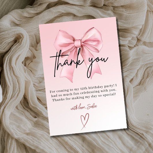 Pink Bow 12th Birthday Thank You Card Bedankkaart