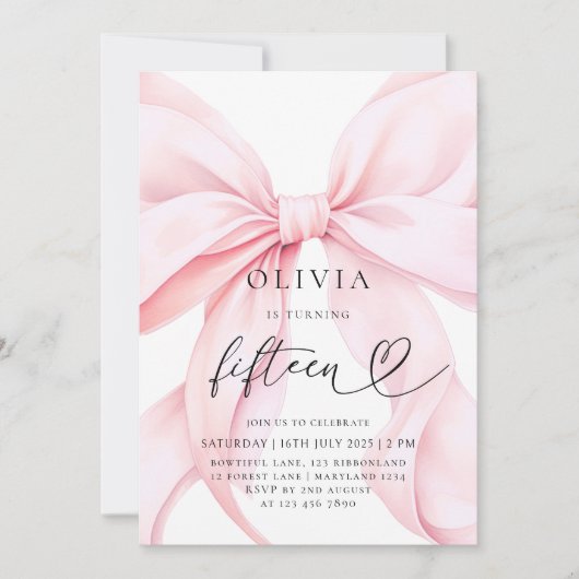Pink Bow 15th Birthday Party Kaart (Voorkant)