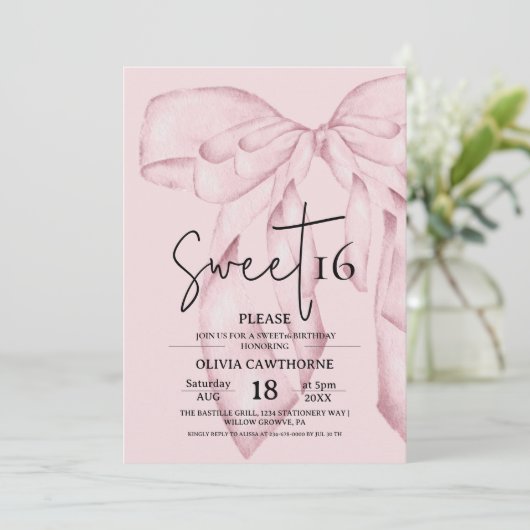 Pink Bow 16th Birthday ⎮Modern Elegant Sweet 16 Kaart (Staand voorkant)