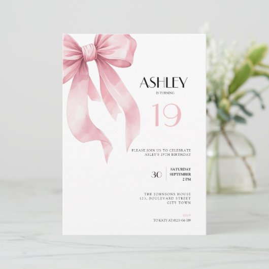 Pink Bow 19th Birthday Invitation for Girls Kaart (Staand voorkant)