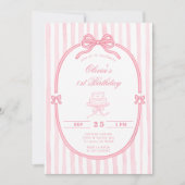 Pink Bow 1st Birthday Girl Photo Invitation Kaart (Voorkant)