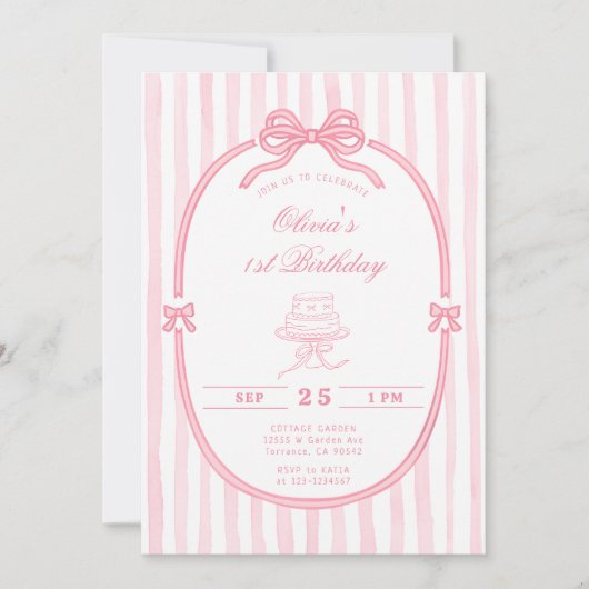 Pink Bow 1st Birthday Girl Photo Invitation Kaart (Voorkant)