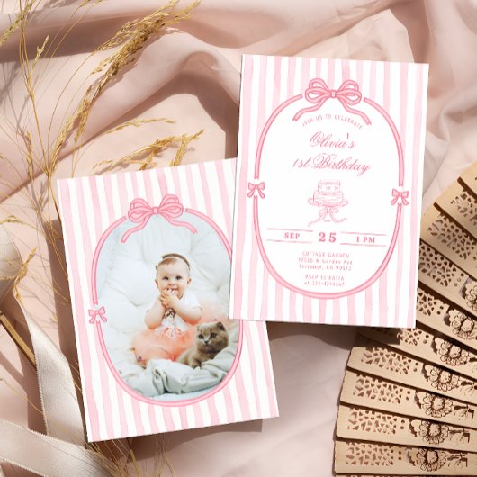 Pink Bow 1st Birthday Girl Photo Invitation Kaart