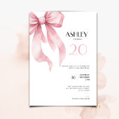 Pink Bow 20th Birthday Invitation for Girls Kaart