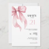 Pink Bow 21st Birthday Invitation for Girls Kaart (Voorkant)