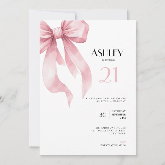 Pink Bow 21st Birthday Invitation for Girls Kaart (Voorkant)