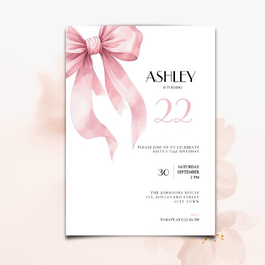 Pink Bow 22nd Birthday Invitation for Girls Kaart